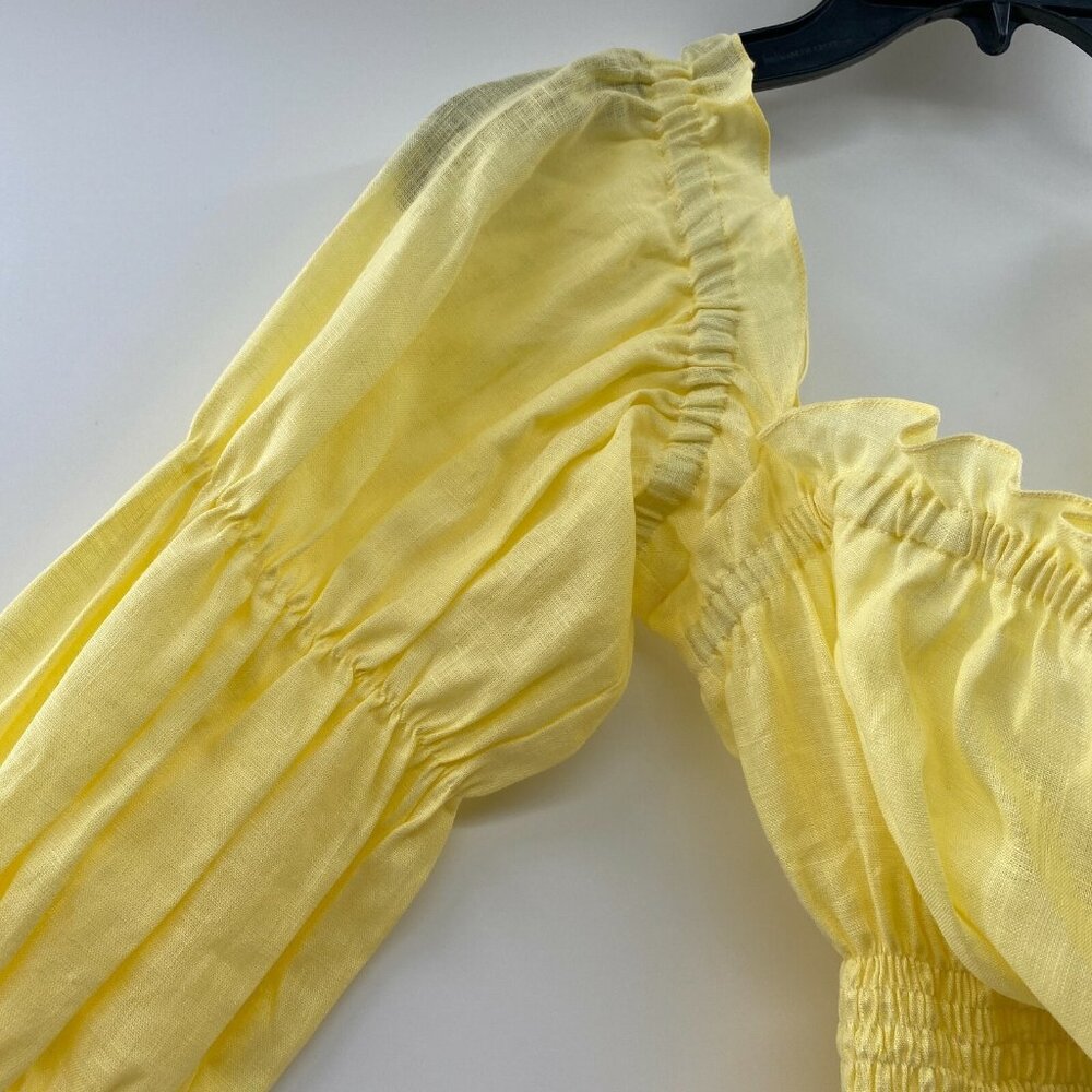 Sleeper Women’s Michelin Linen Midi Dress Lemon Yellow Smocked Puff Sleeve sz L - Picture 2 of 9